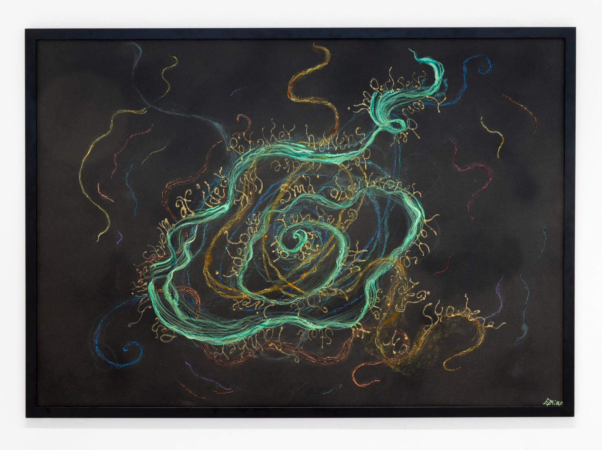 Tankens Sans (The Thought’s Sense) Beeswax with tjanting, remazol, aquarelle, dry pastel, white ink and marker on black paper 100 cm x 70 cm, 2026.